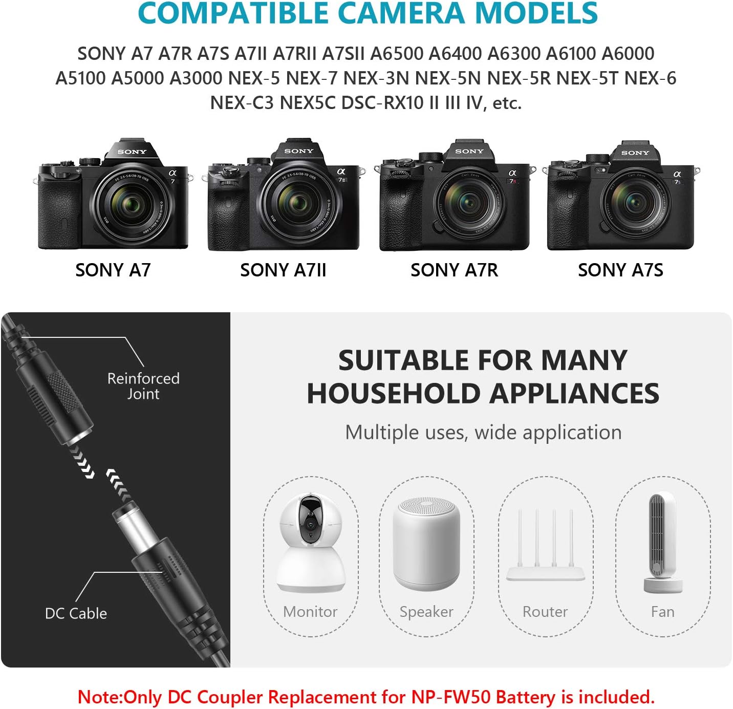 Detalle de NEEWER DC Accoppiatore di ricambio per batteria NP-FW50 con alimentazione USB (5V-2A) per fotocamere Sony A7/A6500/NEX