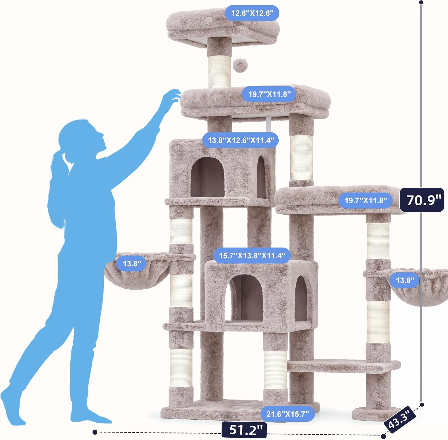 Detalle 2 de Hey-brother MPJ038MU Cat Tree, 70.9-Inch Tower with Sisal Posts and Two Condos
