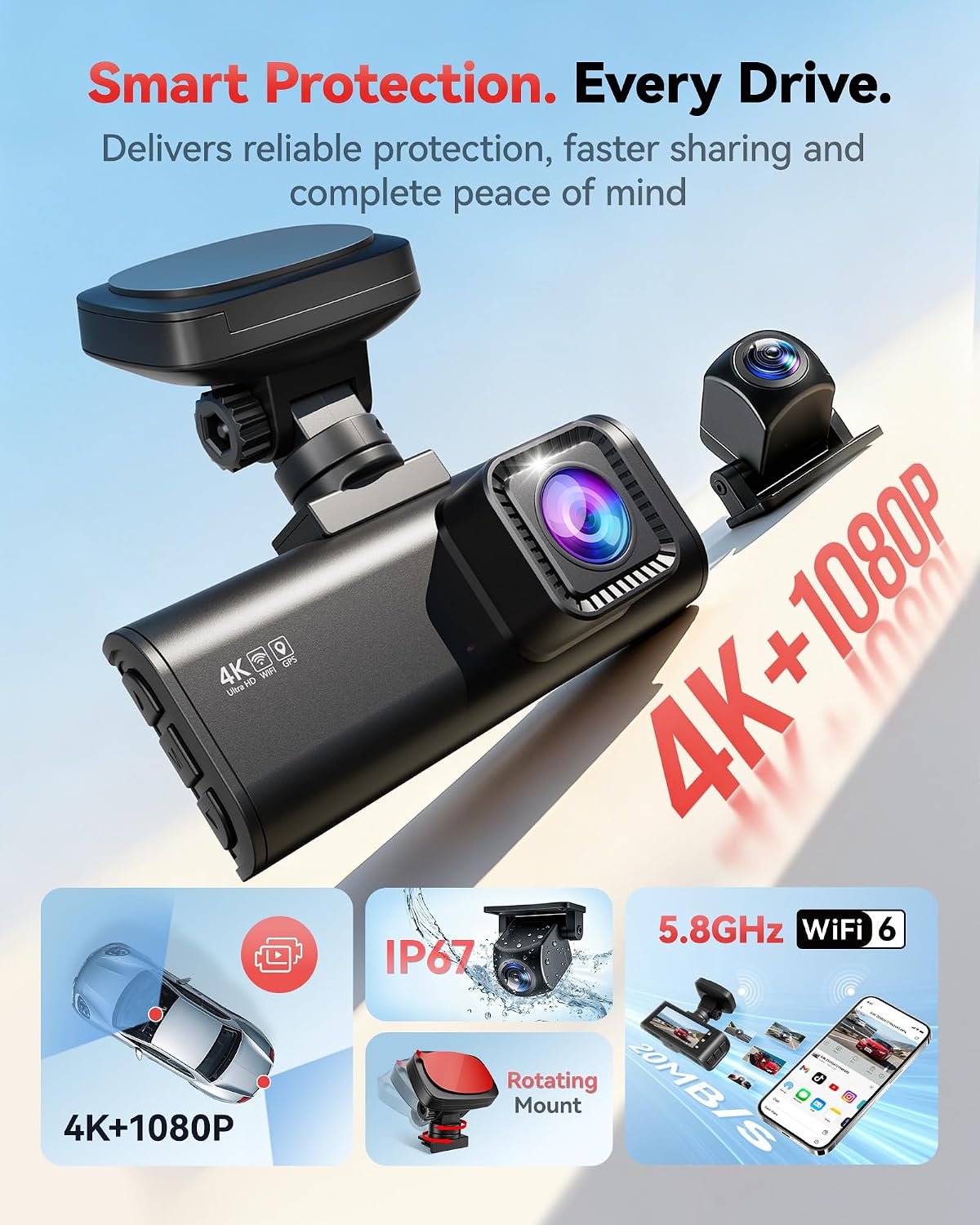 Thumbnail 1 de REDTIGER F7N-N 4K Front & Rear Dash Cam – 5.8GHz WiFi, GPS & Night Vision