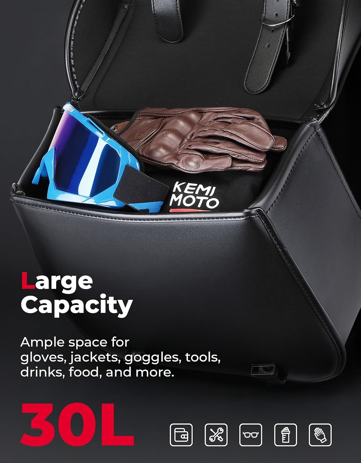 Detalle 2 de KEMIMOTO Motorcycle Saddlebags 30L PU Leather Saddle Bags (Universal Fit) — Black