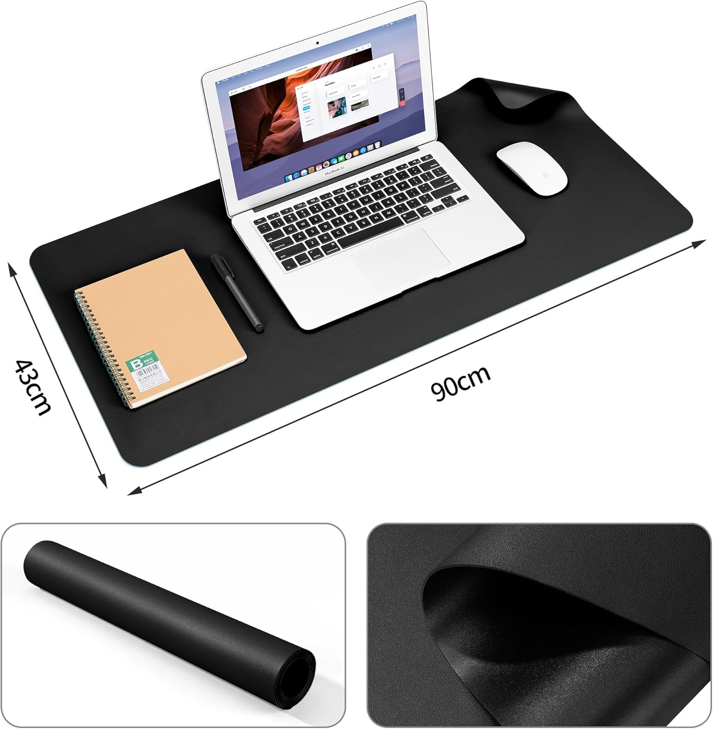 Thumbnail 3 de BUBM desk mat 90 x 43cm PU leather desk blotter – waterproof office desk pad (black)