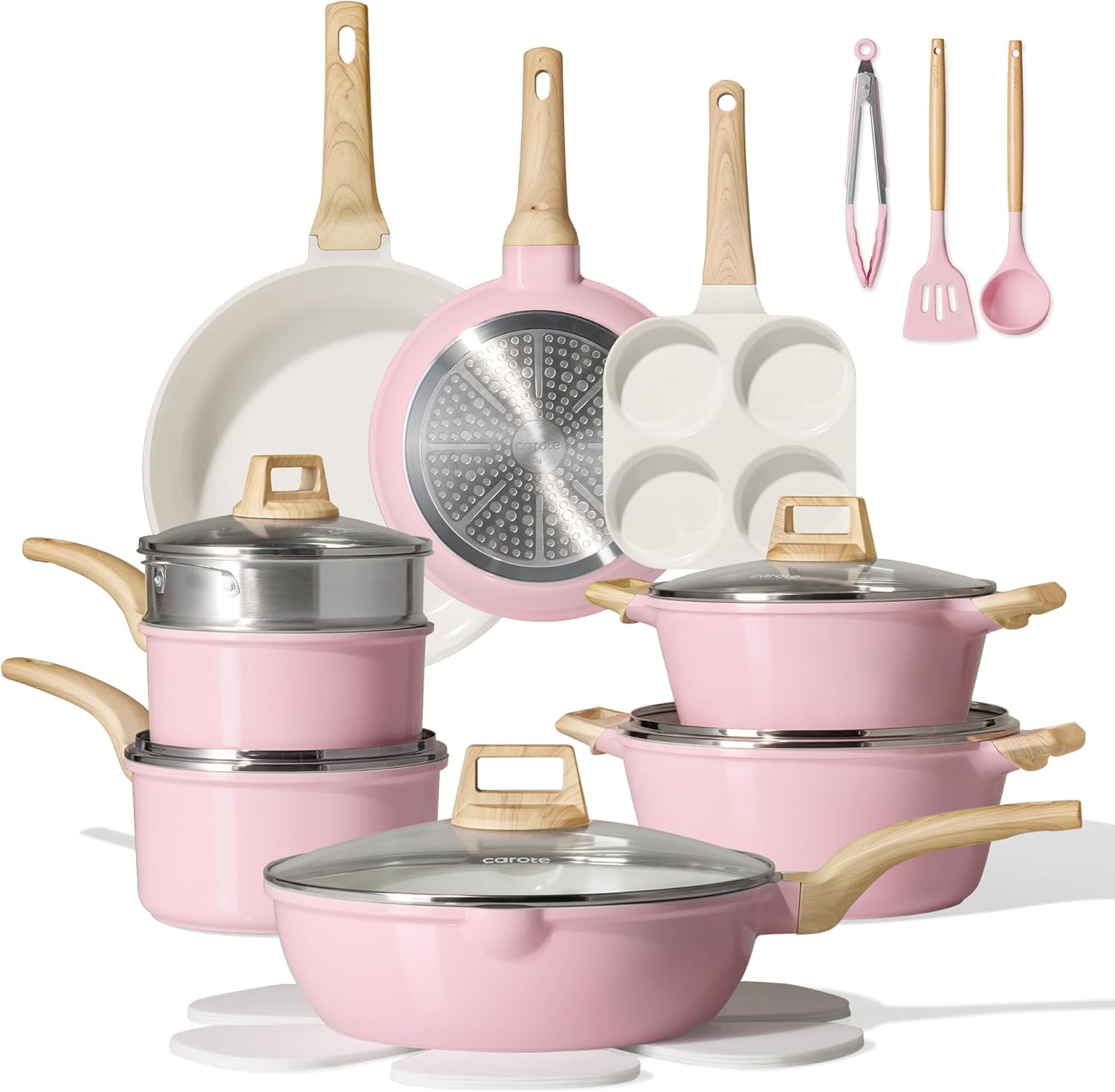 Detalle de CAROTE 21 PCS Ceramic Cookware Set: Nonstick Pots and Pans, Induction Ready in Pink
