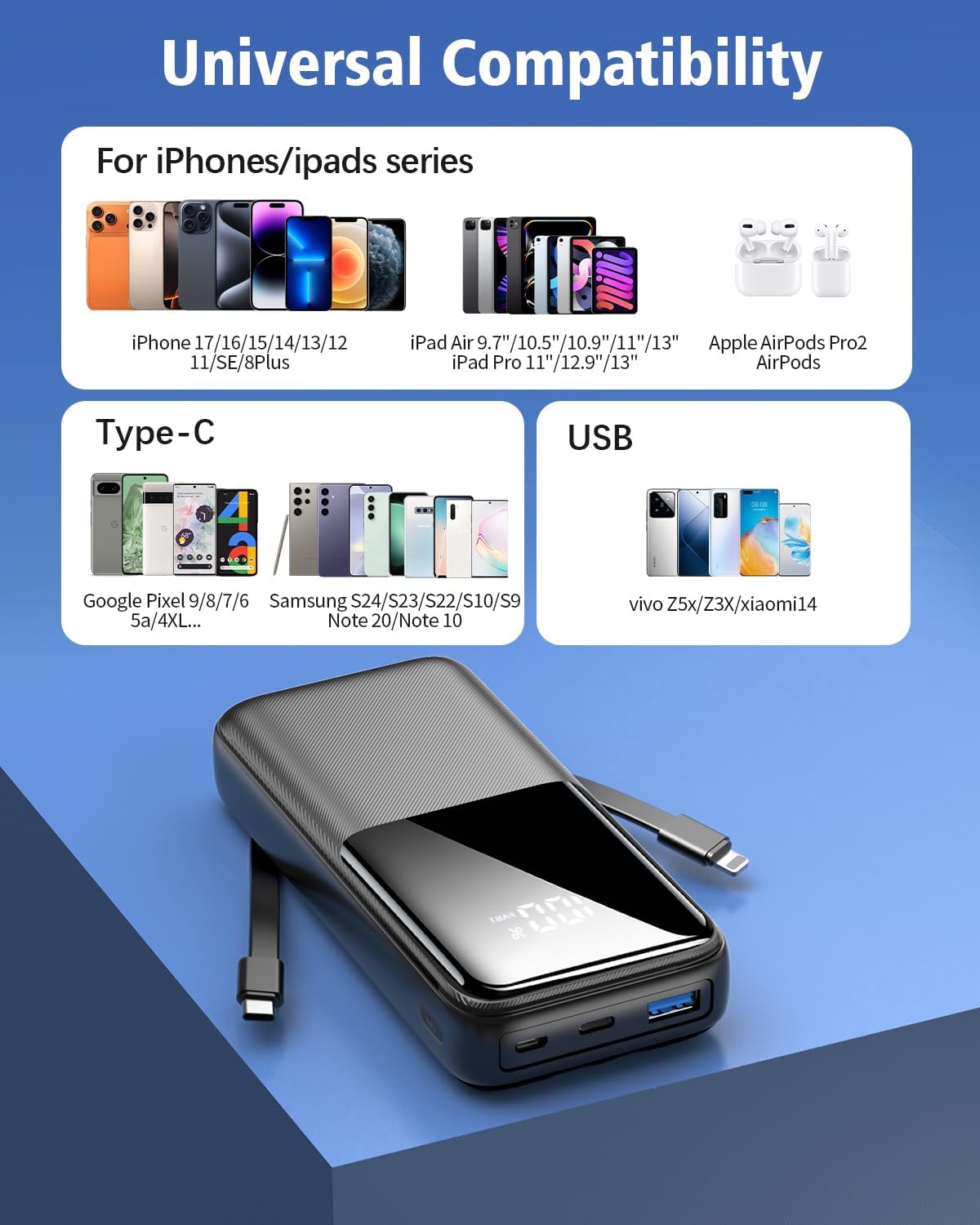 Thumbnail 6 de 15000mAh Portable Power Bank with Built‑in Cables