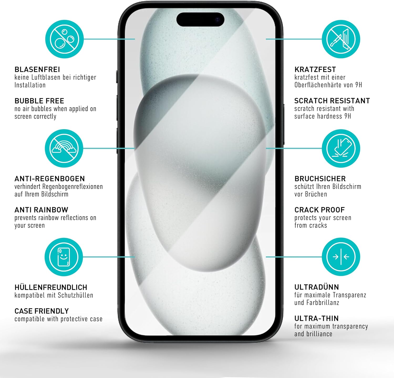 Detalle 2 de SmarTect Glass Screen Protector for iPhone 15, 0.3 mm 9H Glass + Camera Protection