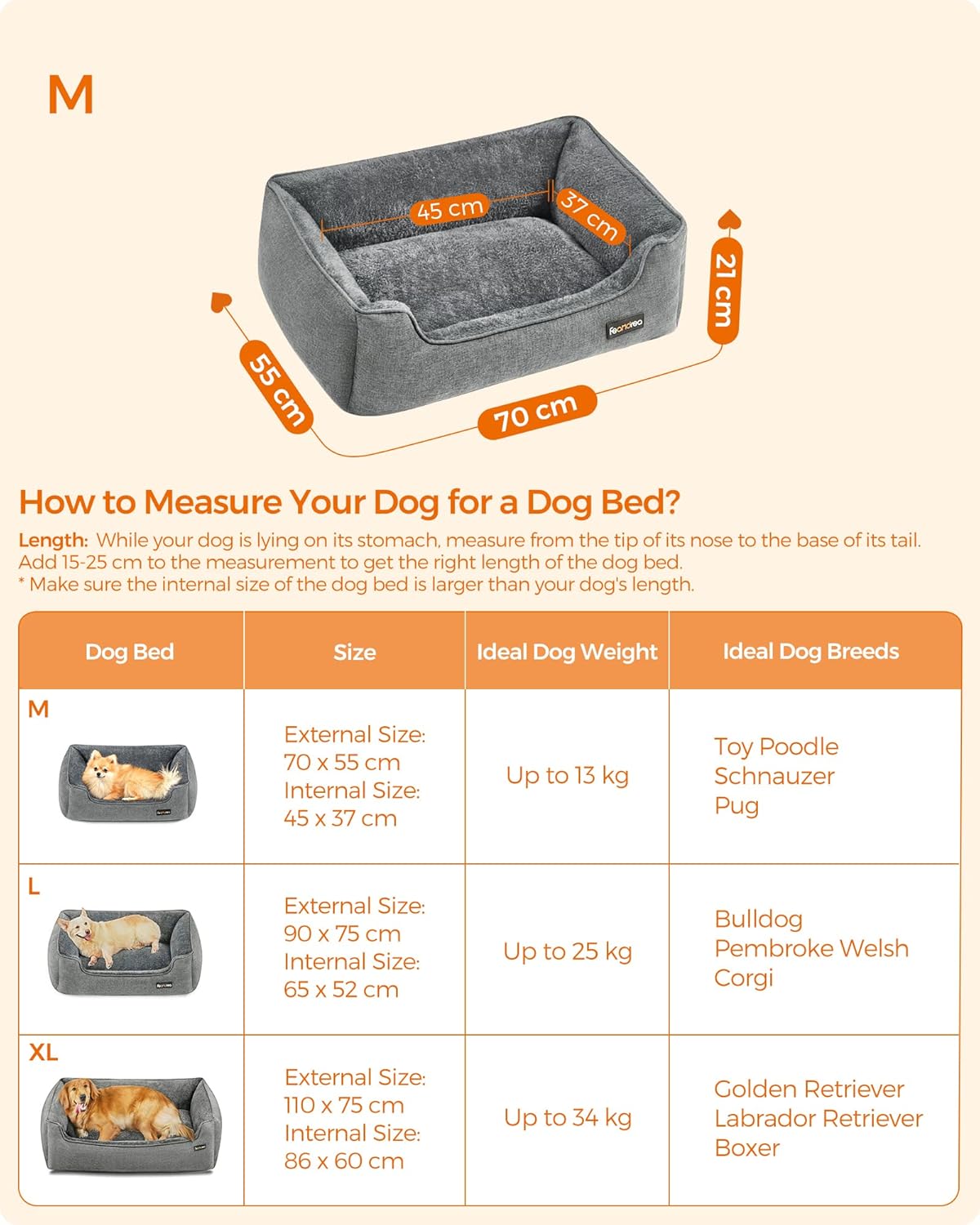 Thumbnail 6 de Feandrea Dog Bed Linen-Look Pet Bed Sofa with Raised Edges (Light Grey, M)