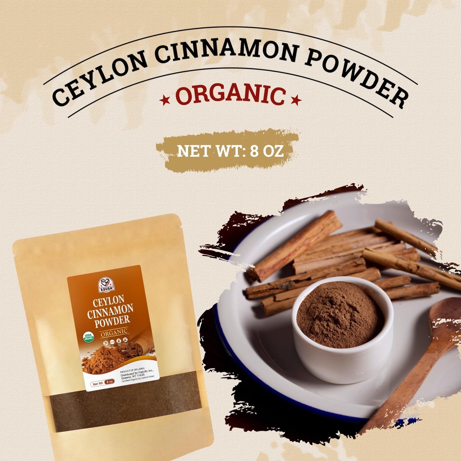 Detalle de 52USA Organic Ceylon Cinnamon Powder, 8 oz, Low Coumarin, USDA & Kosher Certified