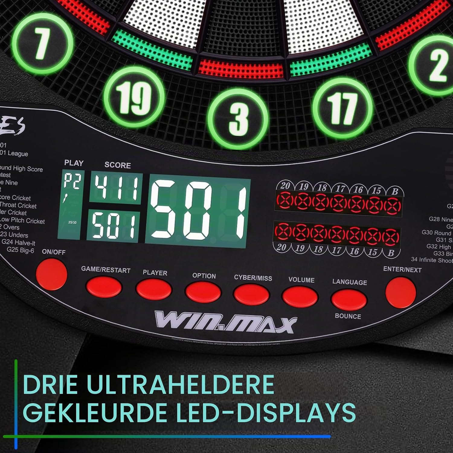 Detalle de WIN.MAX elektronisch dartbord met 34 spellen, 354 varianten en 3 ledschermen