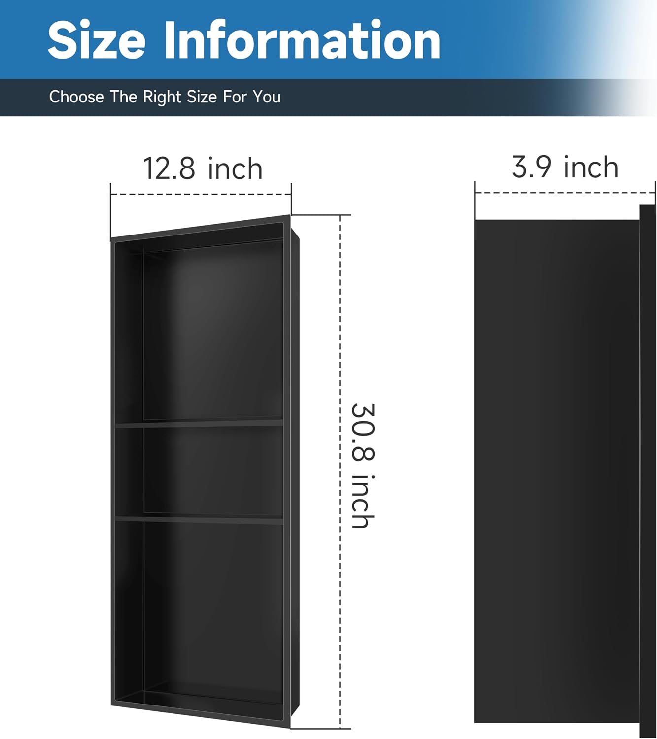 Detalle de Green & Spring G-1128-B 12" x 30" Stainless Steel Shower Niche, 3-Tier, Matte Black