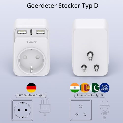 Detalle de Sameriver Reiseadapter Indien – 4-in-1 Reise-Steckdosenadapter mit USB (2x USB-A, 1x USB-C) und Typ-D Anschluss