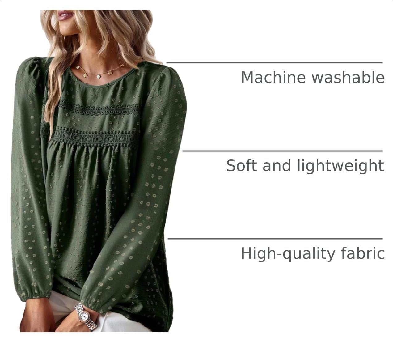 Detalle 2 de Falechay Women's Long-Sleeve Boho Blouse with Crochet Lace and Swiss-Dot Details