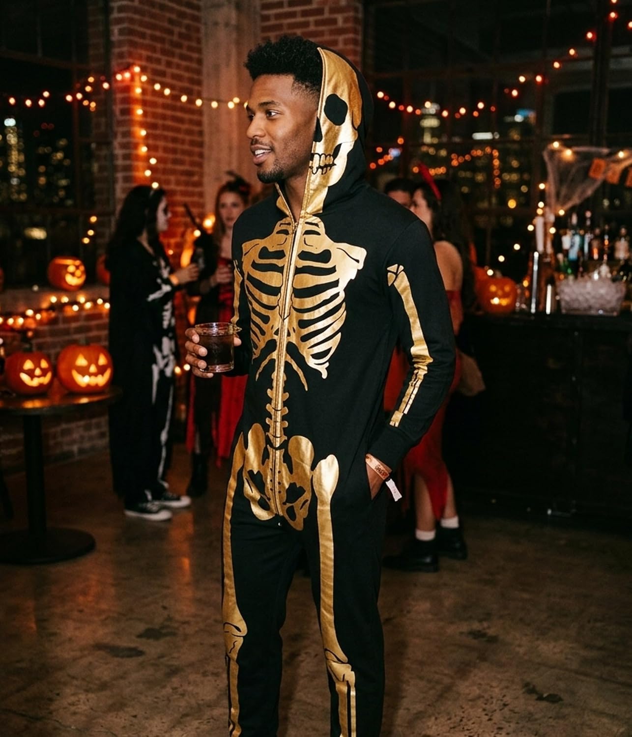 Thumbnail 3 de Tipsy Elves TE-JMP43 Men's Hooded Skeleton Costume Jumpsuit, Metallic Gold Print