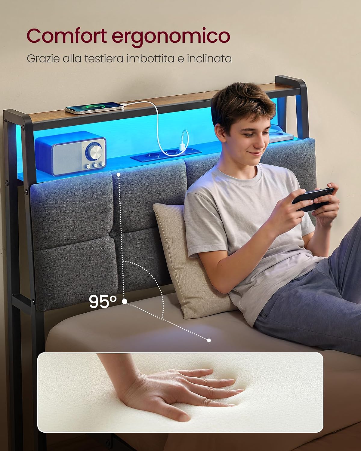 Thumbnail 3 de VASAGLE Struttura Letto Singolo in Acciaio con Luci LED e Prese – RMB122G101, Nero Opaco