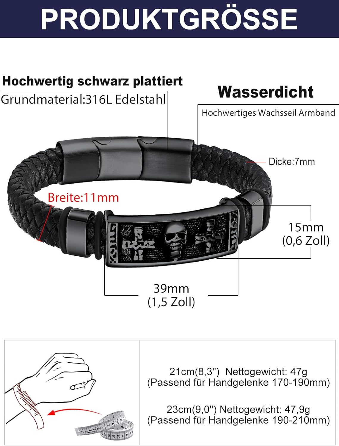 Thumbnail 5 de Bandmax Lederarmband für Herren „Mjölnir/Totenkopf/Freimaurerei“ mit Magnetverschluss