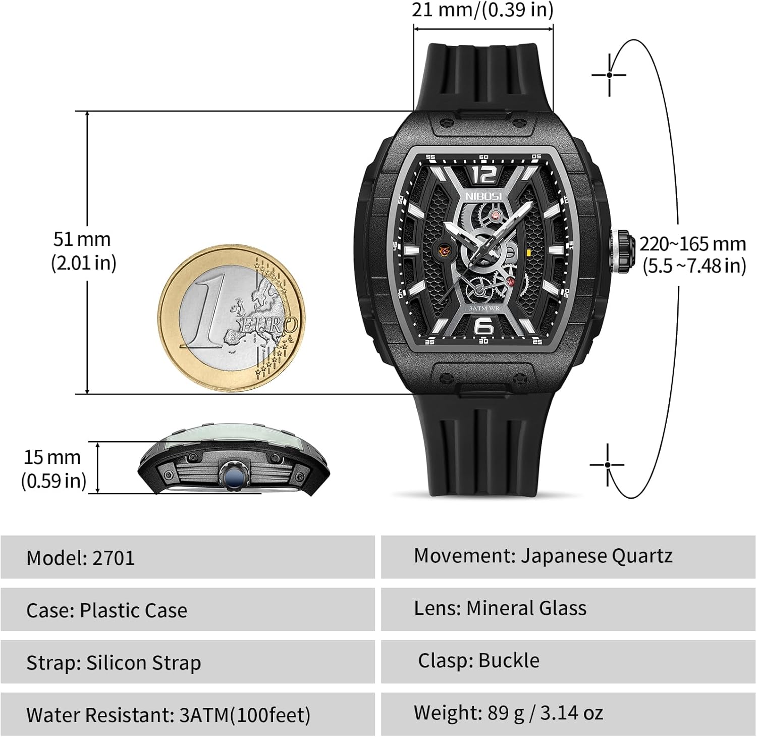 Thumbnail 2 de NIBOSI Orologio da polso uomo quadrato impermeabile digitale analogico al quarzo in silicone