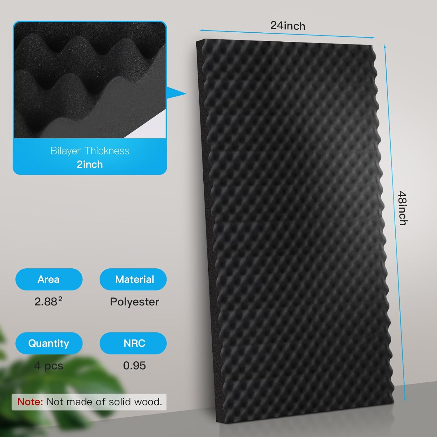Detalle 2 de 48 x 24 x 2-Inch Egg-Crate Acoustic Foam Panels, Black, 2-Pack