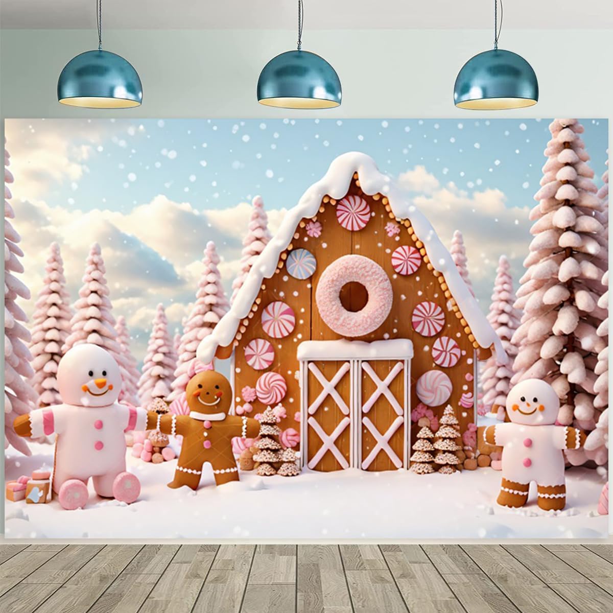 Thumbnail 1 de GCIREC 7x5ft Weihnachts Hintergrund Rosa Süßigkeiten Lebkuchen Winter Karikaturen – Fotokabine Requisiten