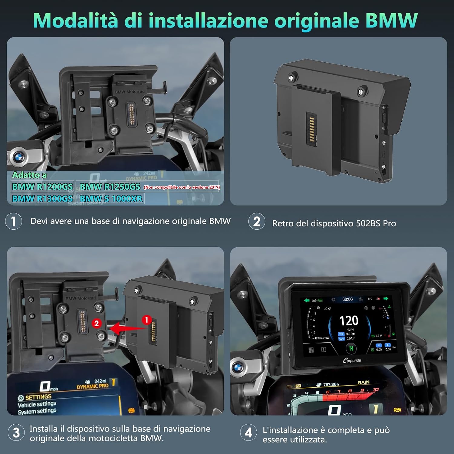 Detalle de CARPURIDE W502BS Pro: Display 5'' impermeabile con CarPlay/Android Auto per Moto BMW, TPMS e Bluetooth Dual