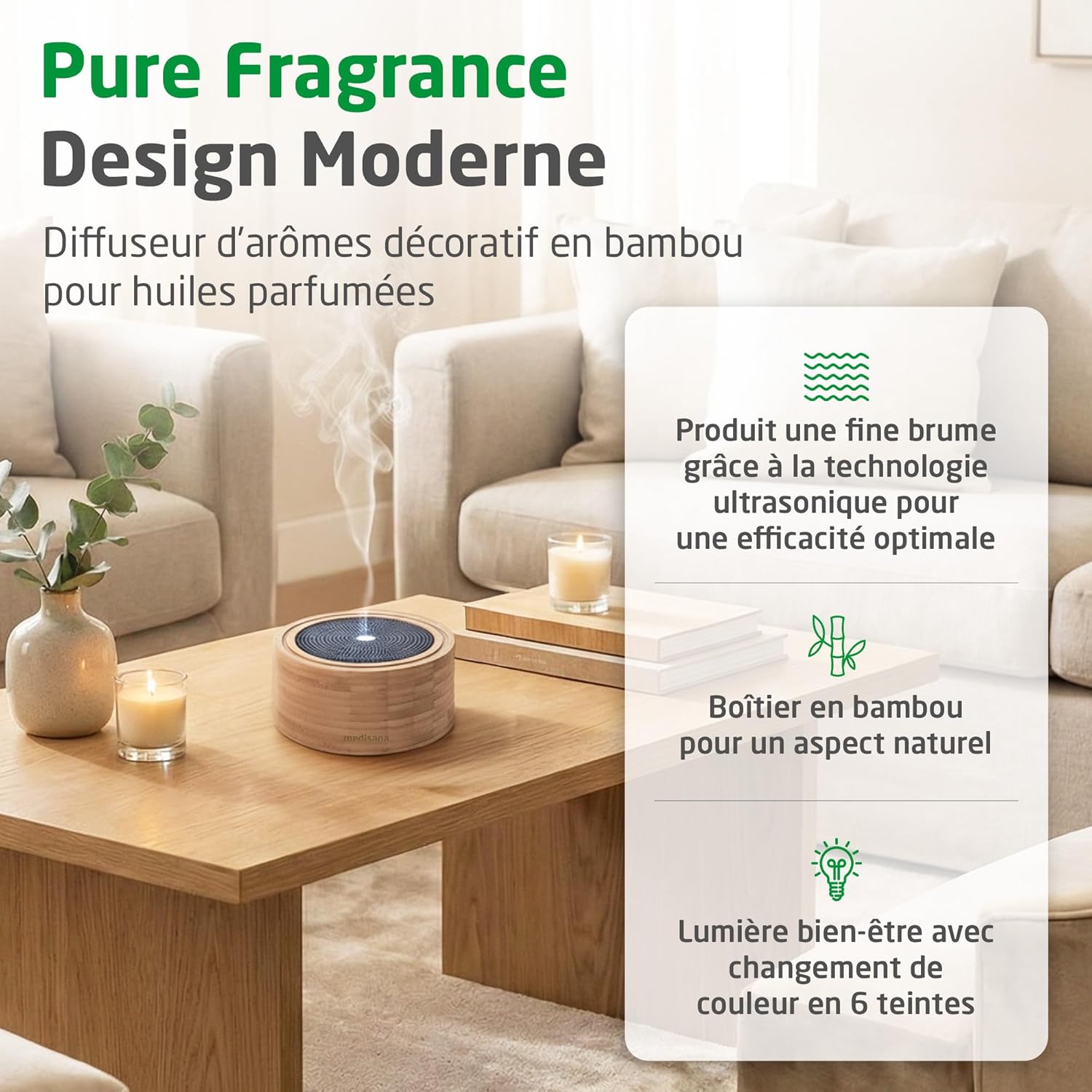 Thumbnail 1 de Medisana AD 625 Diffuseur d'arôme en bambou — ambiance silencieuse et lumière bien-être, 100 ml