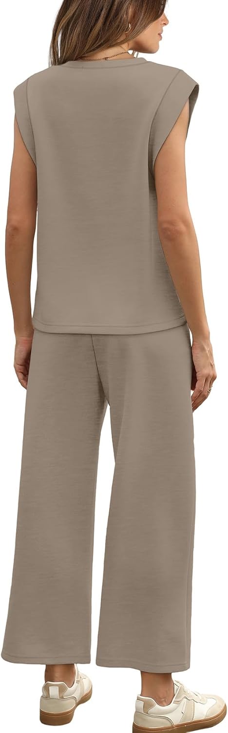 Thumbnail 4 de WIHOLL Two-Piece Set for Women: Summer/Spring Lounge Outfit with Cap Sleeve Top & Wide-Leg Cropped Pants