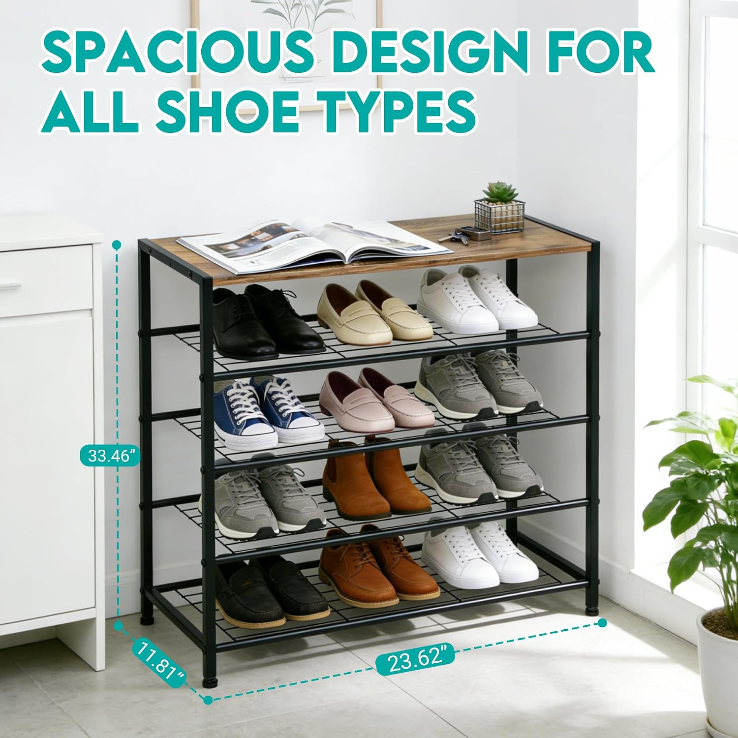 Detalle 2 de ZOESTORAGE Schuhregal 5 Ebenen mit Sitzgelegenheit – robustes Metallregal mit rustikalbrauner Sitzfläche, 60 × 30 × 85 cm