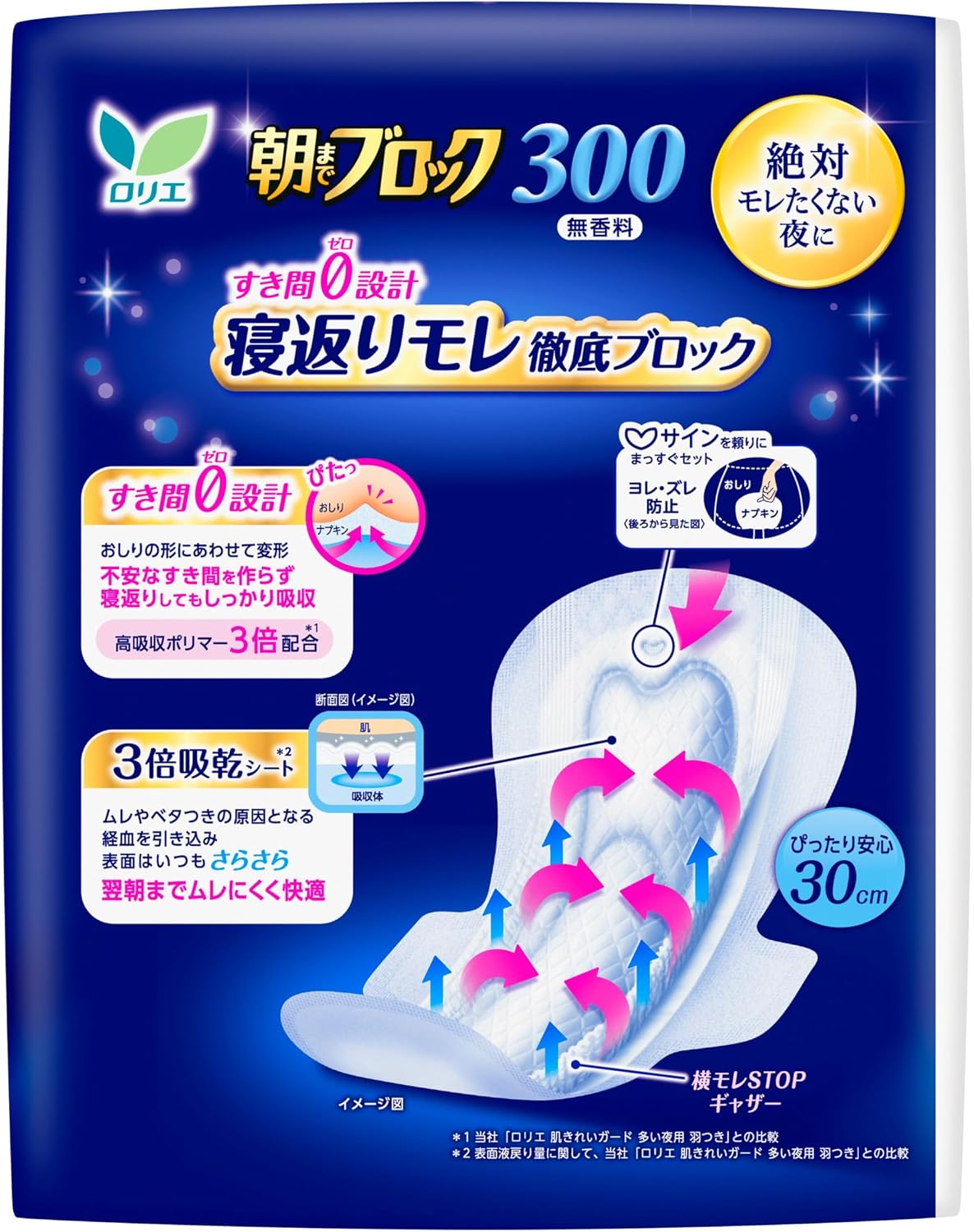 Detalle de ロリエ 朝までブロック 300 30cm羽つき 夜用ナプキン 無香料 18コ入×3個
