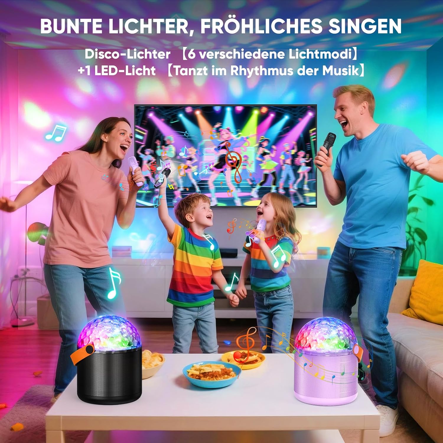 Detalle 2 de Dislocati Karaoke-Maschine mit 2 Karaoke-Mikrofonen, Bluetooth-Lautsprecher & Disco-Licht – für Kinder und Erwachsene (3–15 Jahre)