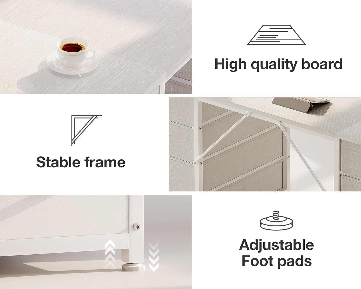 Detalle de Coleshome Computer Desk with Fabric Drawers, 120x48cm – Modern, Storage‑Rich Home Office Table (White)