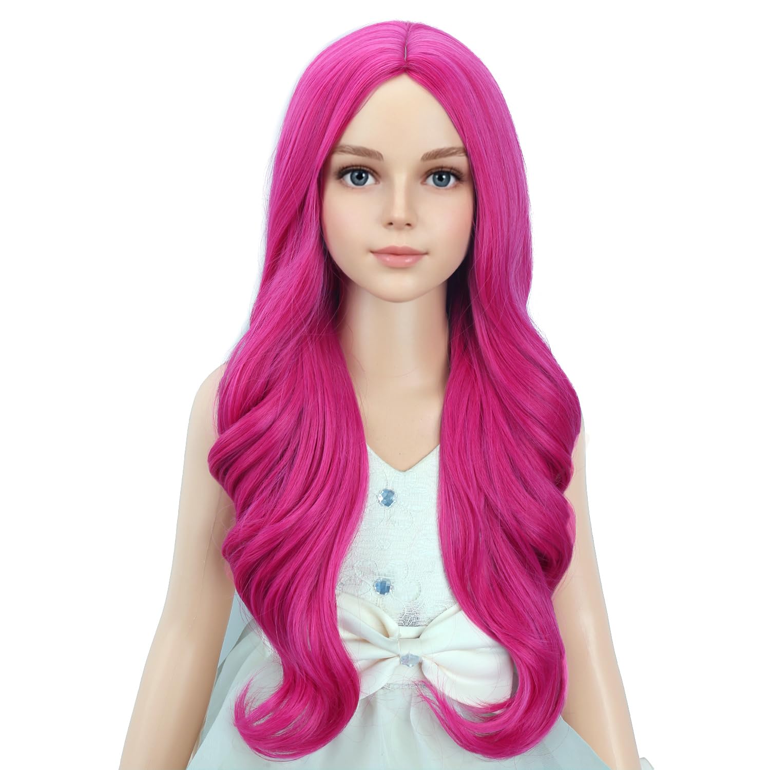 Detalle de PATTNIUM Hot Pink Long Wavy Wig for Kids, 22-Inch Synthetic Hair