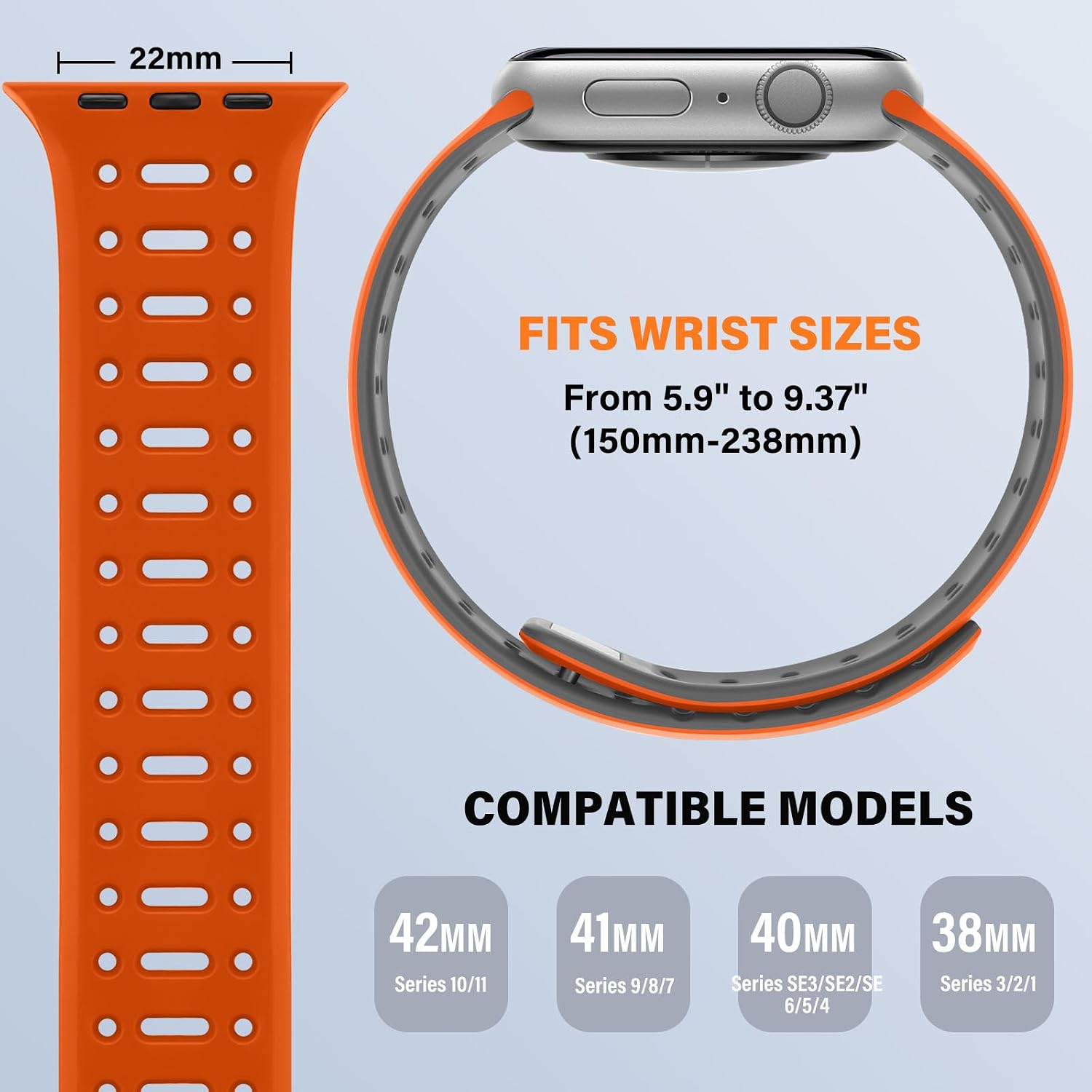 Detalle de Sixmoat Magnetic Strap for Apple Watch (42mm/41mm/40mm/38mm) – breathable silicone sport band with button & tuck closure (Orange-Gray)