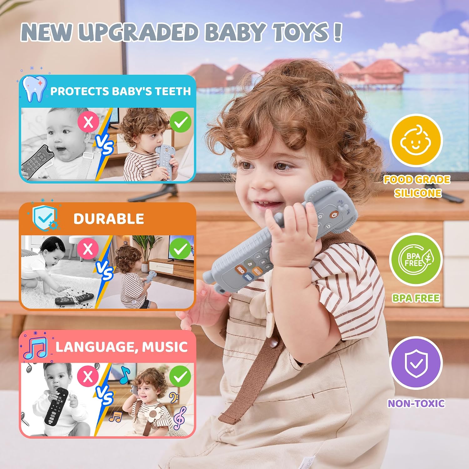 Detalle de Baby remote control toy with silicone teether cover — musical learning in 3 languages (English, Spanish & French) for 6–18 months