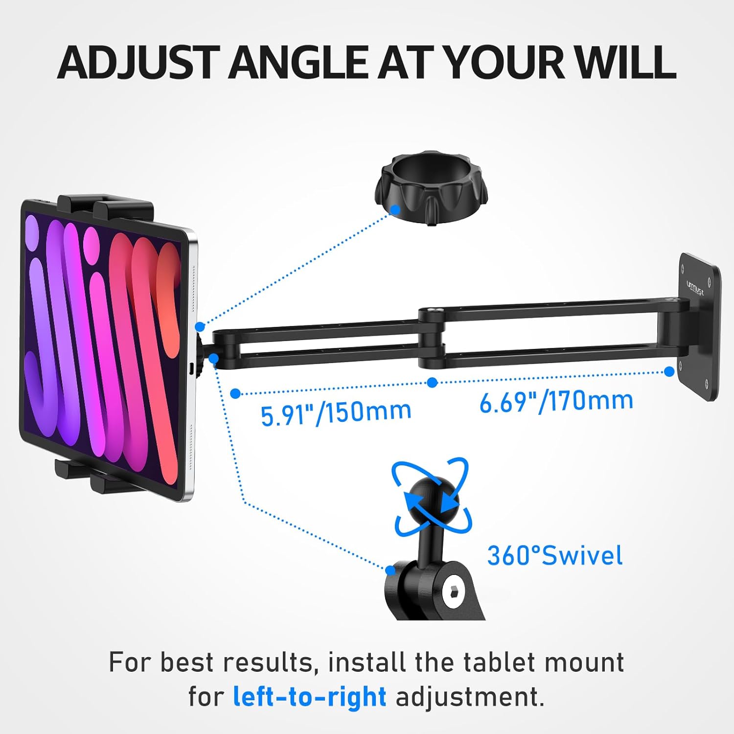 Detalle de Urmust Tablet-Wandhalterung aus Aluminium (360° drehbar & faltbar) für Tablets/Smartphones von 4,7 bis 15,6 Zoll