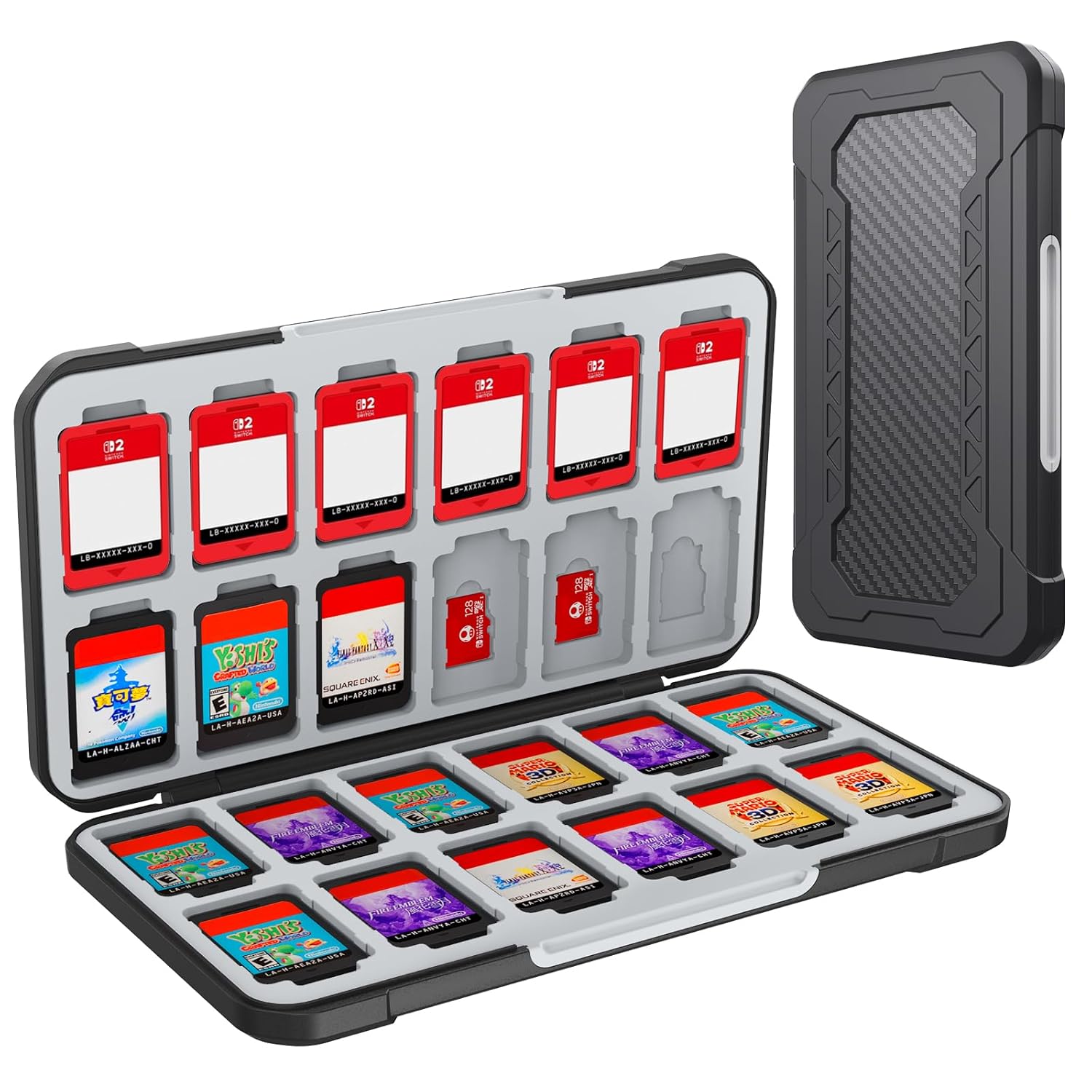Detalle de HEIYING Switch Aufbewahrungsbox: 24 Spielkarten + 24 Micro SD Slots, Kohlefaser-Design, magnetischer Verschluss