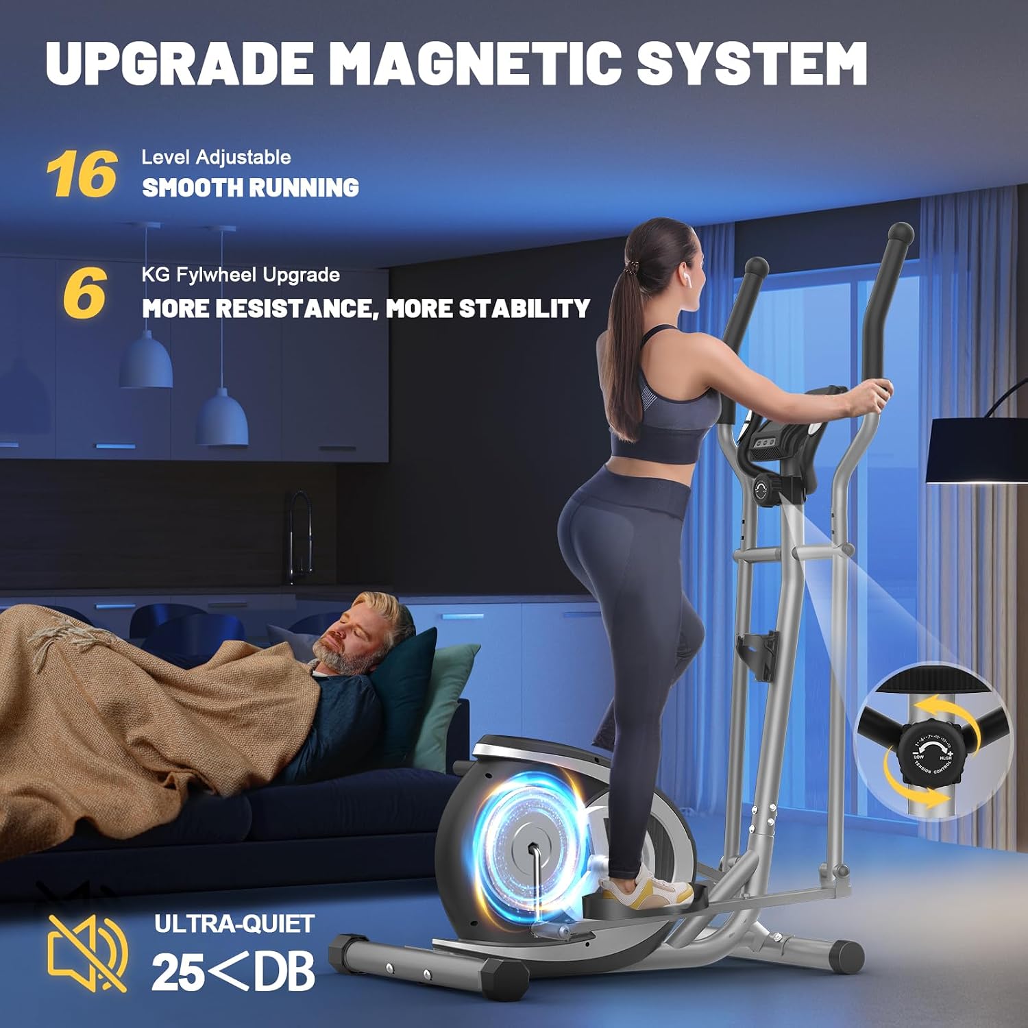 Detalle 2 de Ellittiche da casa magnetica con app Bluetooth: resistenza 16 livelli, monitor LCD e porta bottiglie