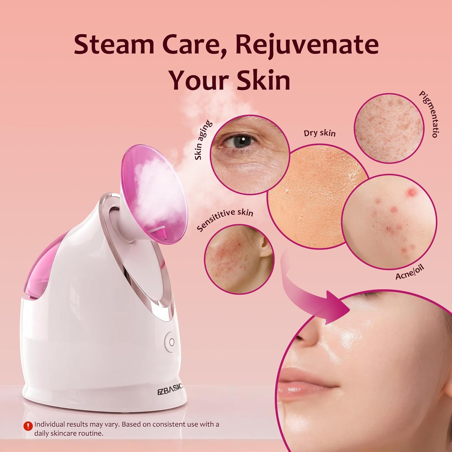 Thumbnail 2 de EZBASICS Vaporizzatore facciale Nano-Ionico a nebbiolina tiepida con Skin Kit in acciaio inox (1 set + 5 pz) Rosa