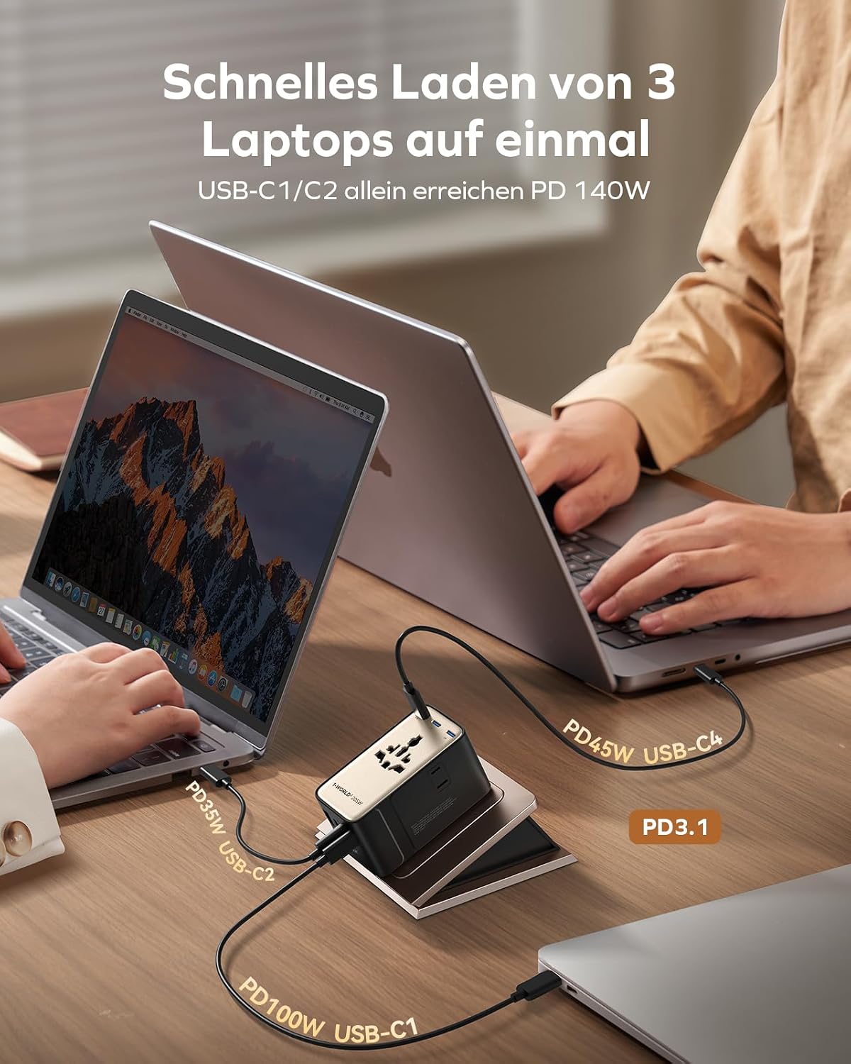 Detalle de MOMAX Reiseadapter Weltweit 205W GaN Hochleistungs – 9-in-1 Travel Adapter mit 2 AC, 6 USB-C, 1 USB-A