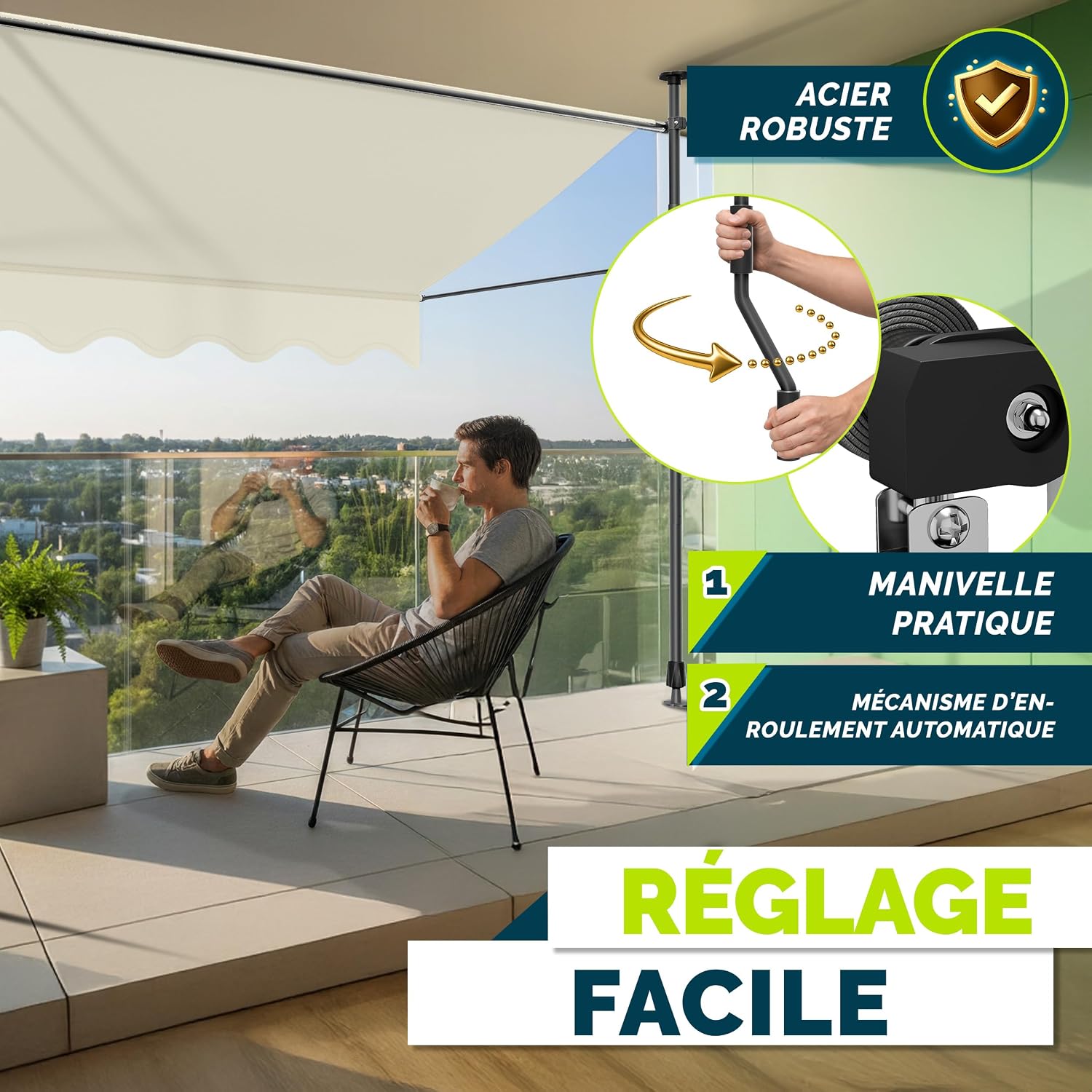 Detalle de Tillvex Store Banne Manuel rétractable avec manivelle pour Le Balcon | Marquise de terrasse sans percement | Marquise Soleil de Balcon auvent téléscopique (Sable, 350cm)