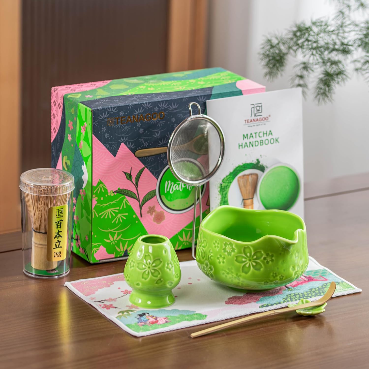 Detalle de TEANAGOO 7-teiliges Matcha-Set Grün – Keramik-Chawan, Ausgießer & Bambus-Zubehör