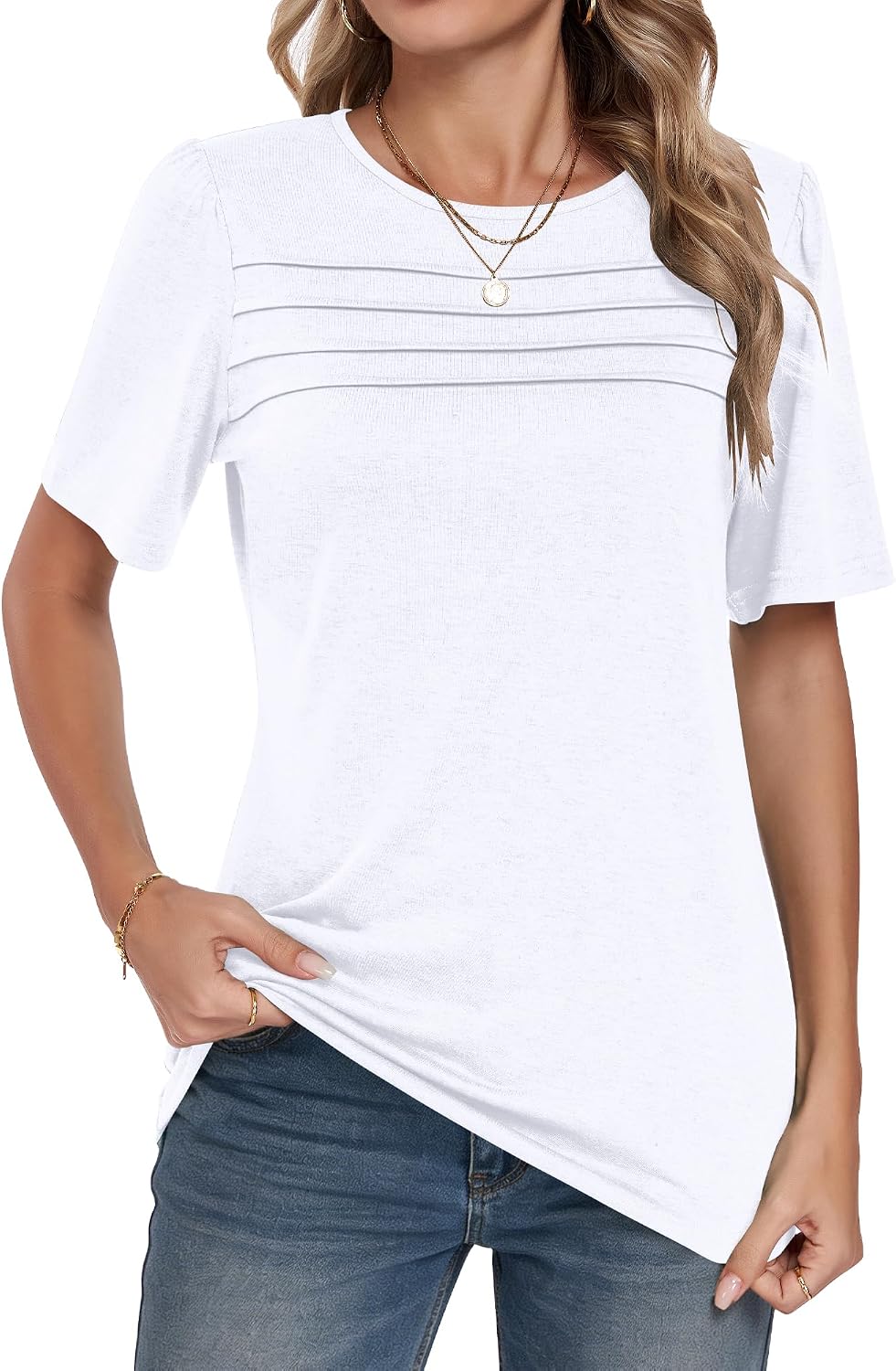 Detalle de PLMOKEN Tee Shirt Femme col rond à manches courtes plissé sur la poitrine