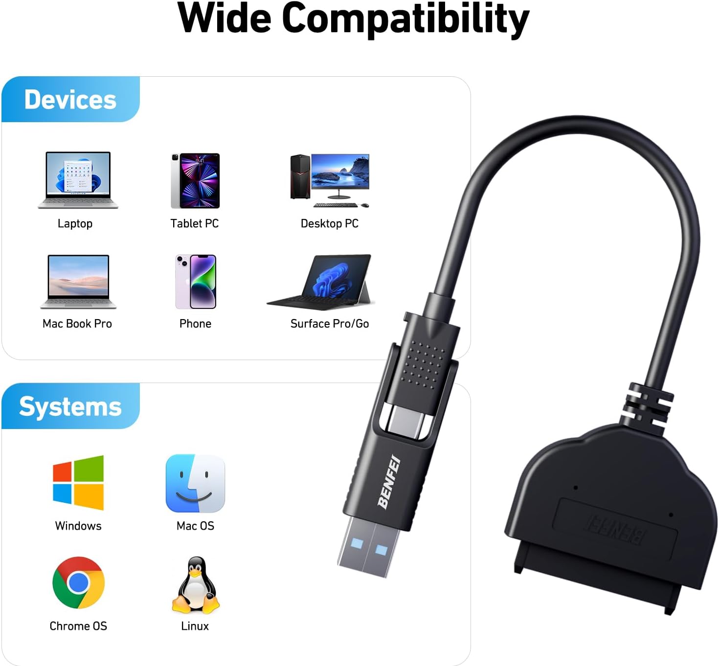 Detalle de BENFEI SATA to USB Cable 2in1: USB-C/USB 3.0 to 2.5" SATA HDD/SSD Adaptor