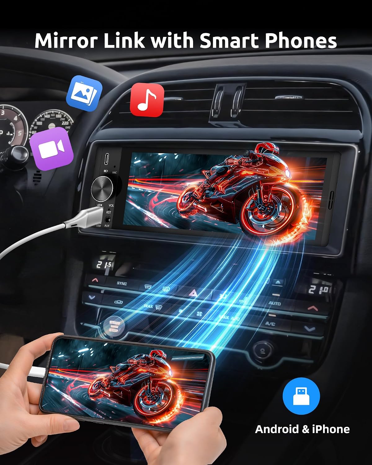 Thumbnail 3 de ESSGOO Single-DIN car stereo with wireless CarPlay/Android Auto, 6.36-inch HD touchscreen and reverse camera input