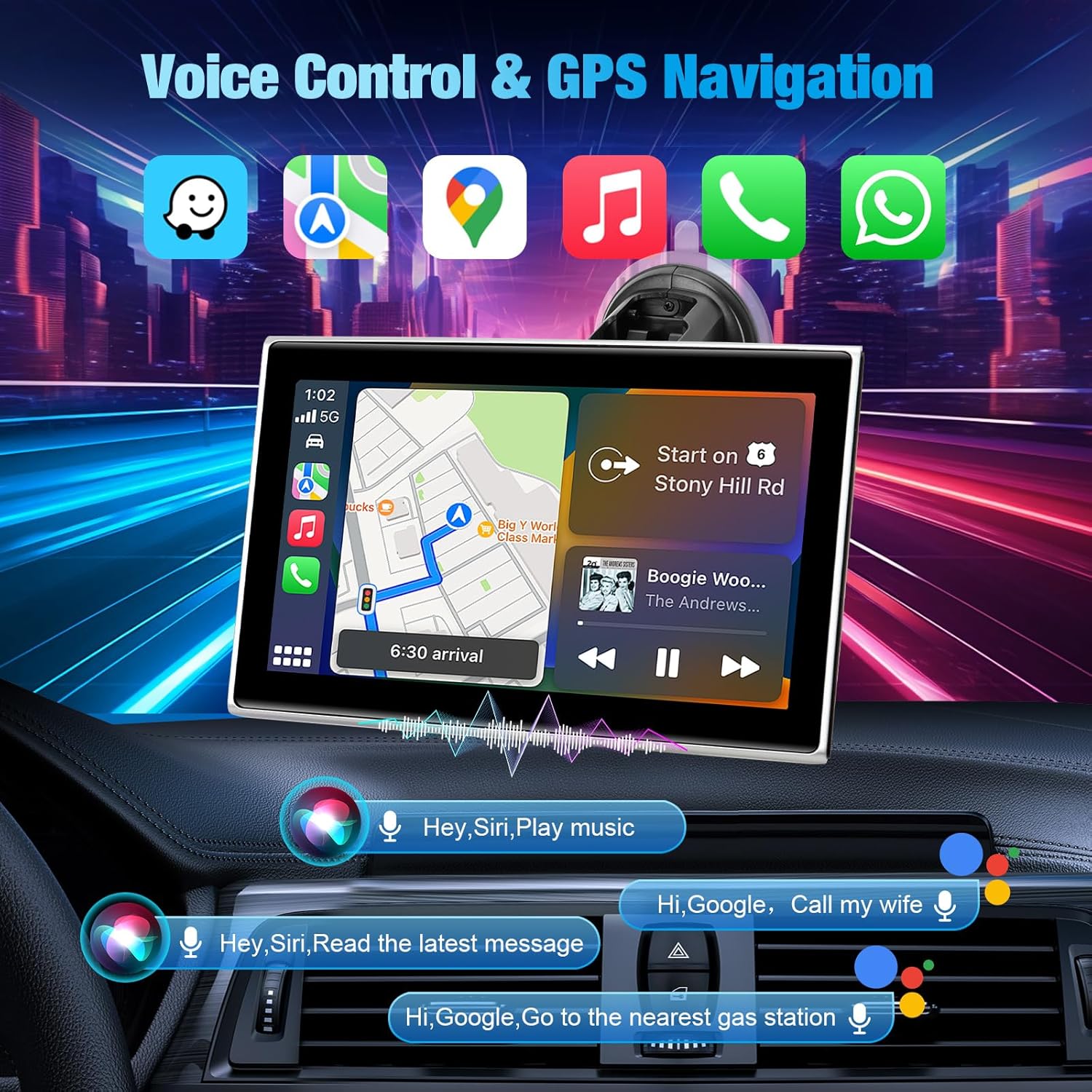 Thumbnail 2 de 7-Inch Portable Wireless CarPlay Screen for Car – Wireless CarPlay/Android Auto, HD Touch Display with GPS, Voice Control, and Mirror Link
