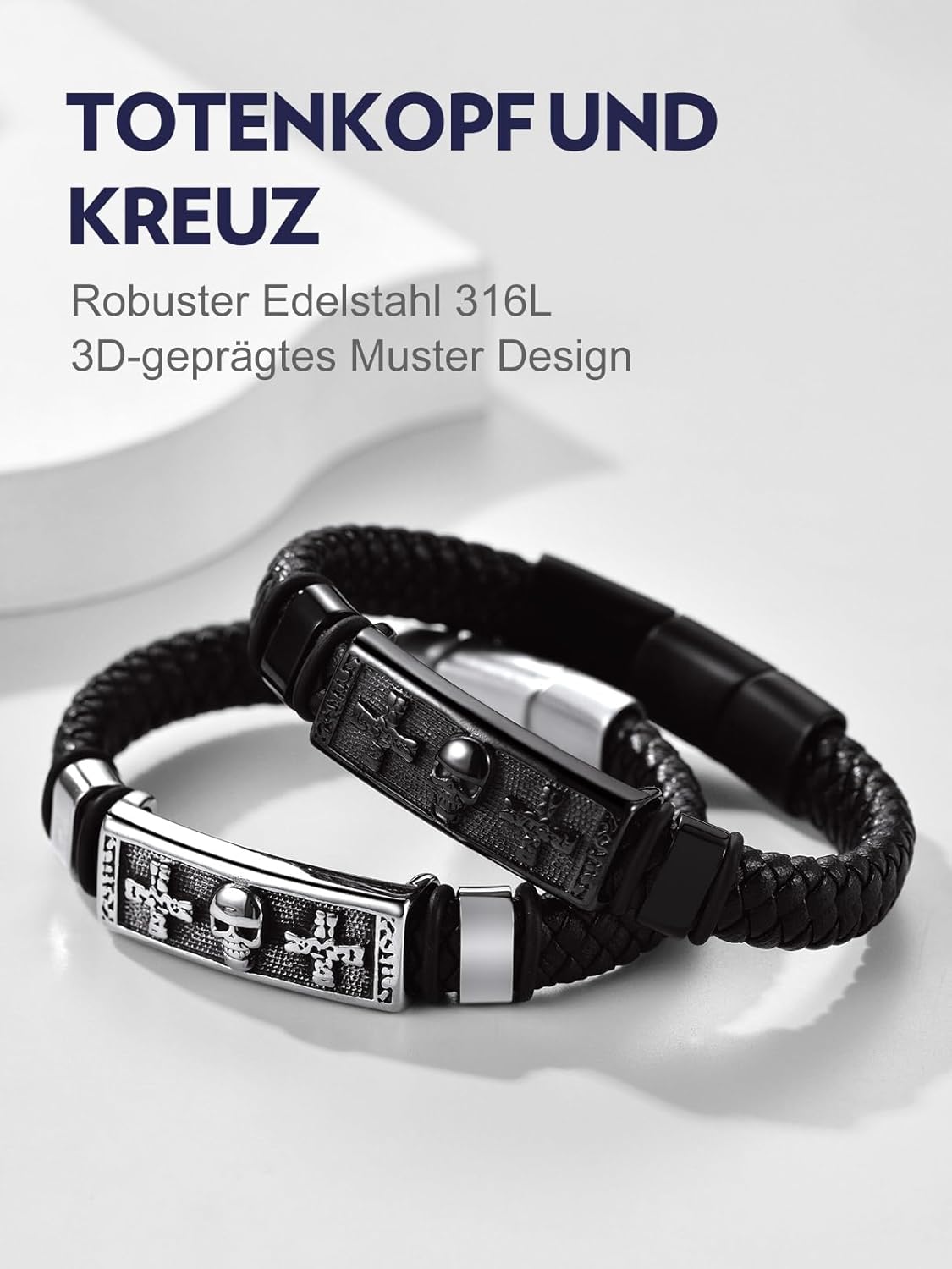 Thumbnail 6 de Bandmax Lederarmband für Herren „Mjölnir/Totenkopf/Freimaurerei“ mit Magnetverschluss