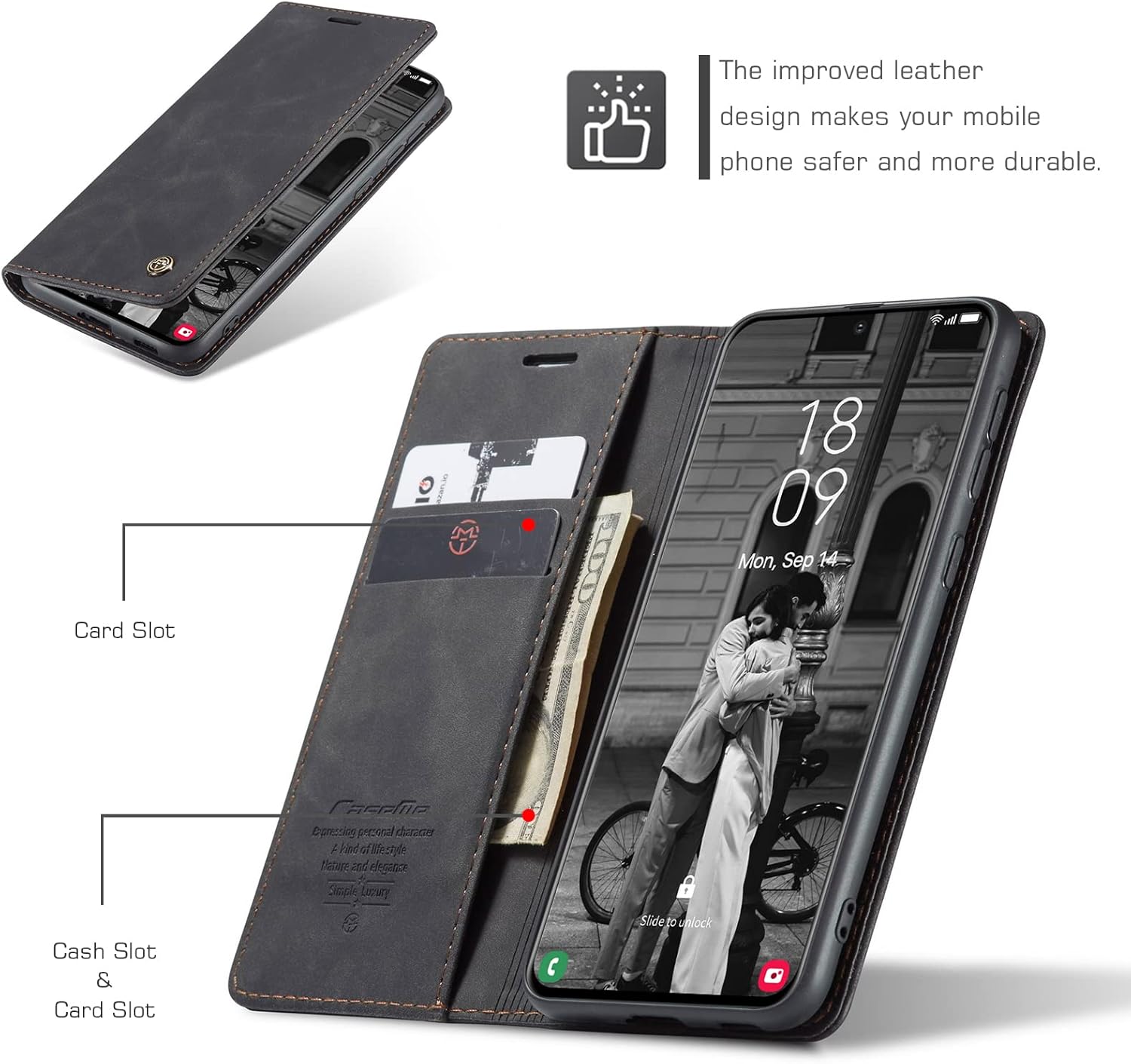 Detalle de Cracedily Klapphülle aus PU-Leder für Samsung Galaxy S21 5G – Kartenfächer, Standfunktion, Schwarz