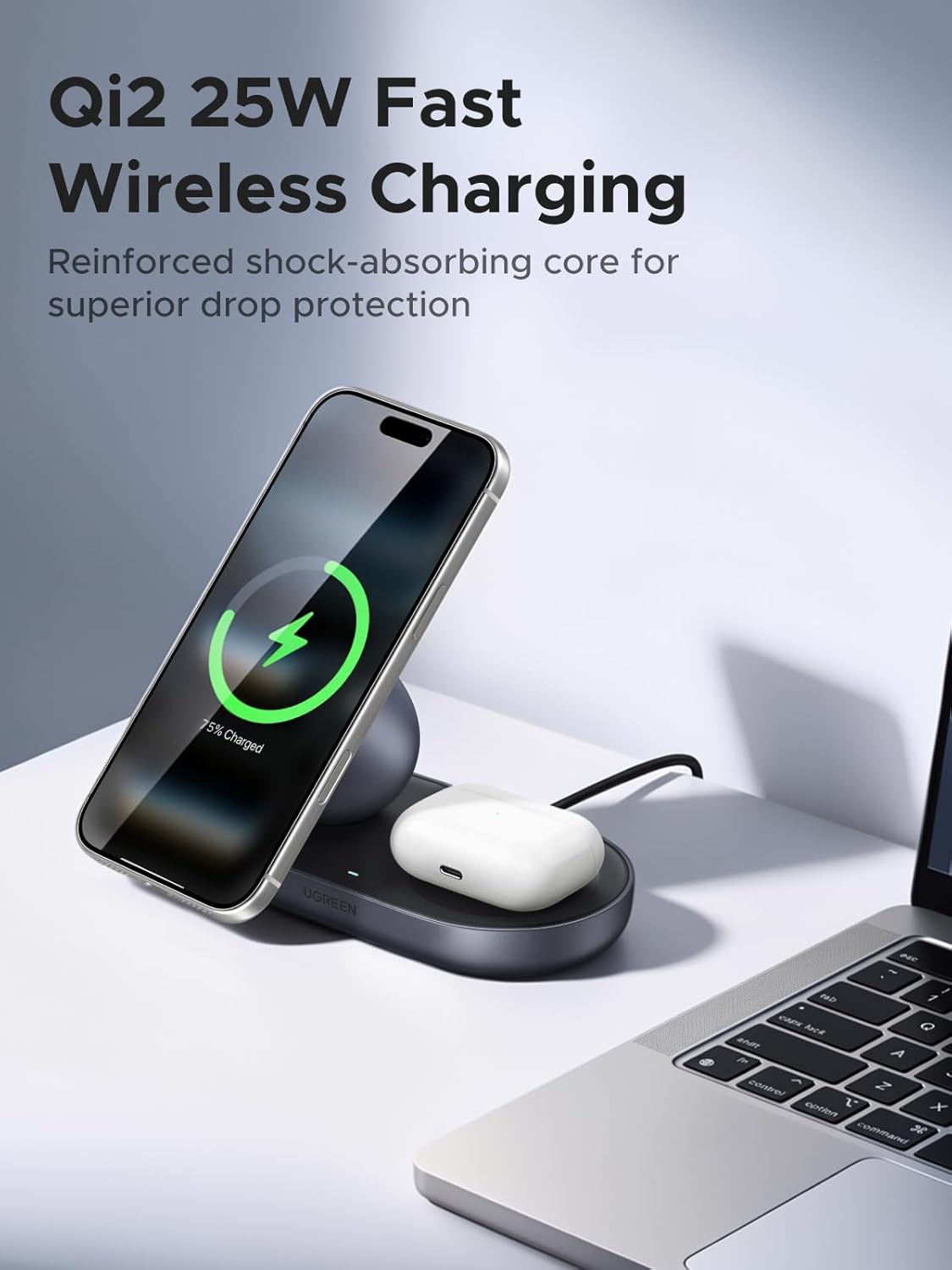 Detalle 2 de UGREEN Zapix Qi2 Certi t ied 25W for MagSafe Charger: 2-in-1 Wireless Stand (Grey)