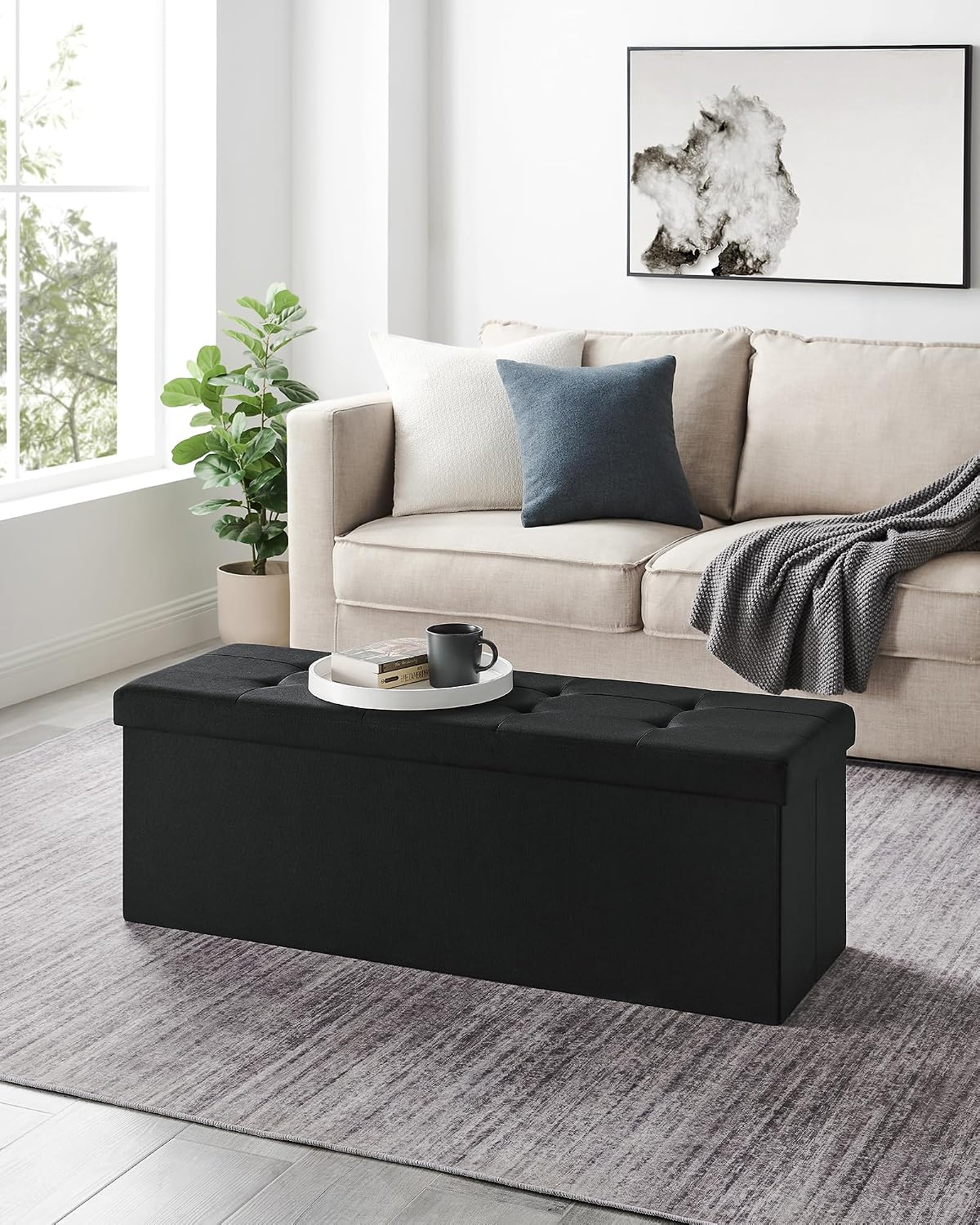 Detalle 2 de SONGMICS LSF077B20 Foldable Storage Ottoman, 131L Tufted Bench, Ink Black