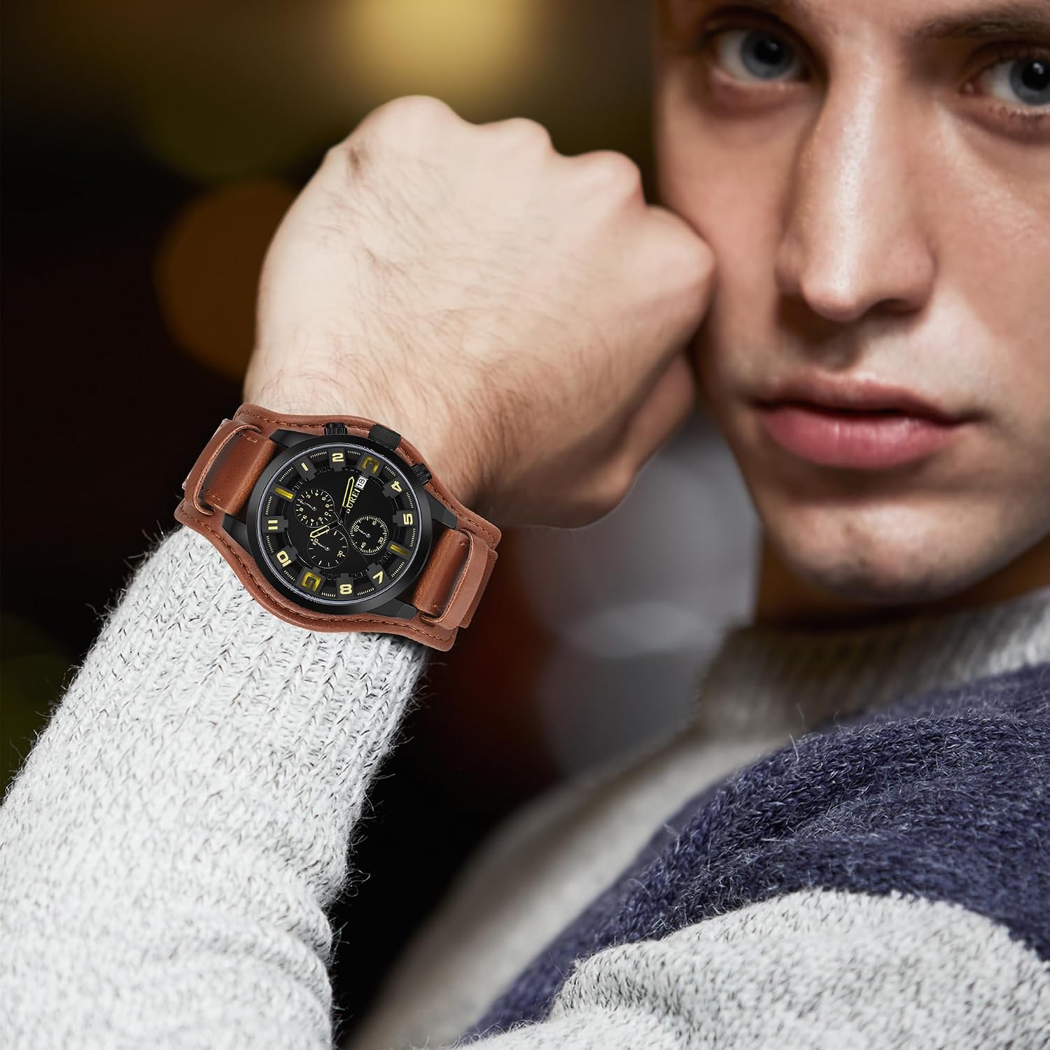 Thumbnail 6 de BUREI Orologio da uomo cronografo vintage marrone con cinturino in pelle e multi-quadrante
