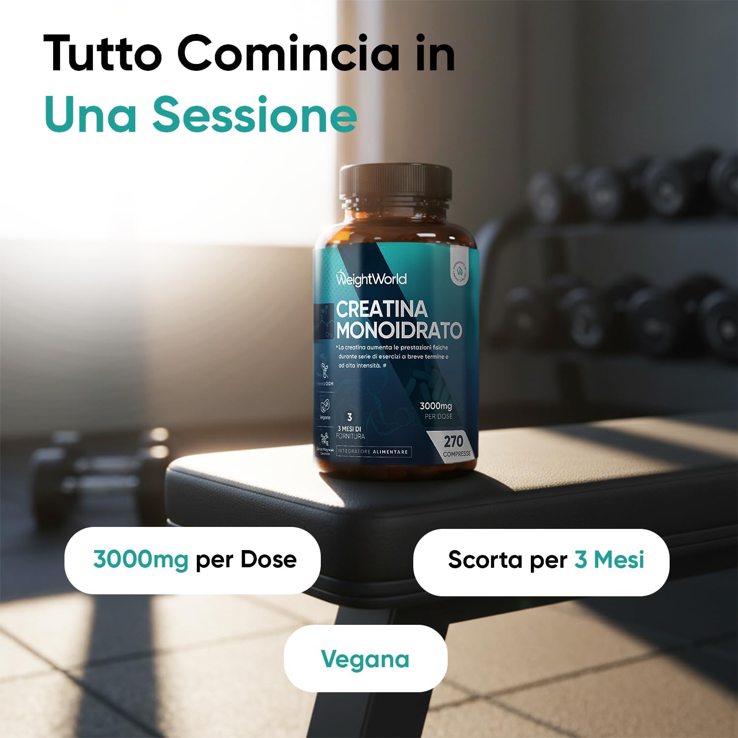 Thumbnail 1 de WeightWorld Creatina Monoidrato Vegana 3000 mg – 270 Compresse, Senza Glutine e Senza Magnesio Stearato