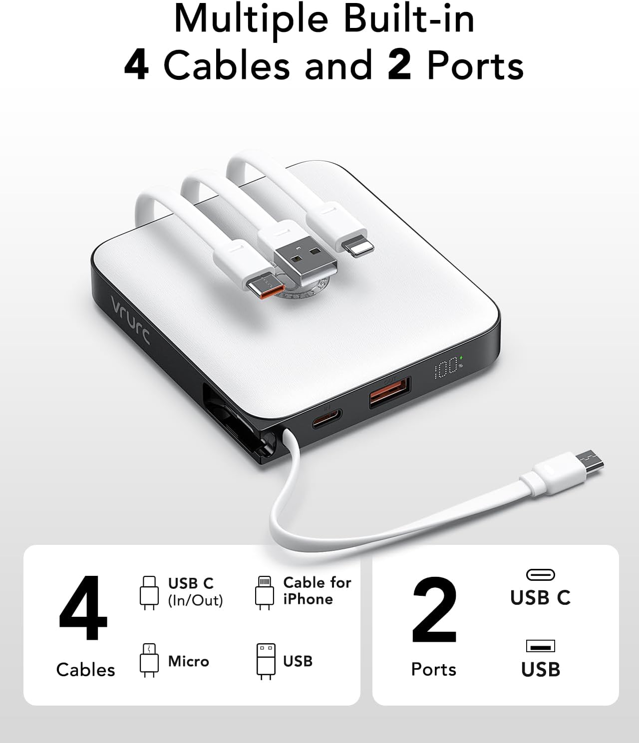 Thumbnail 3 de VRURC Batterie Externe 10000mAh avec 4 câbles intégrés — Power Bank ultra mince et rapide