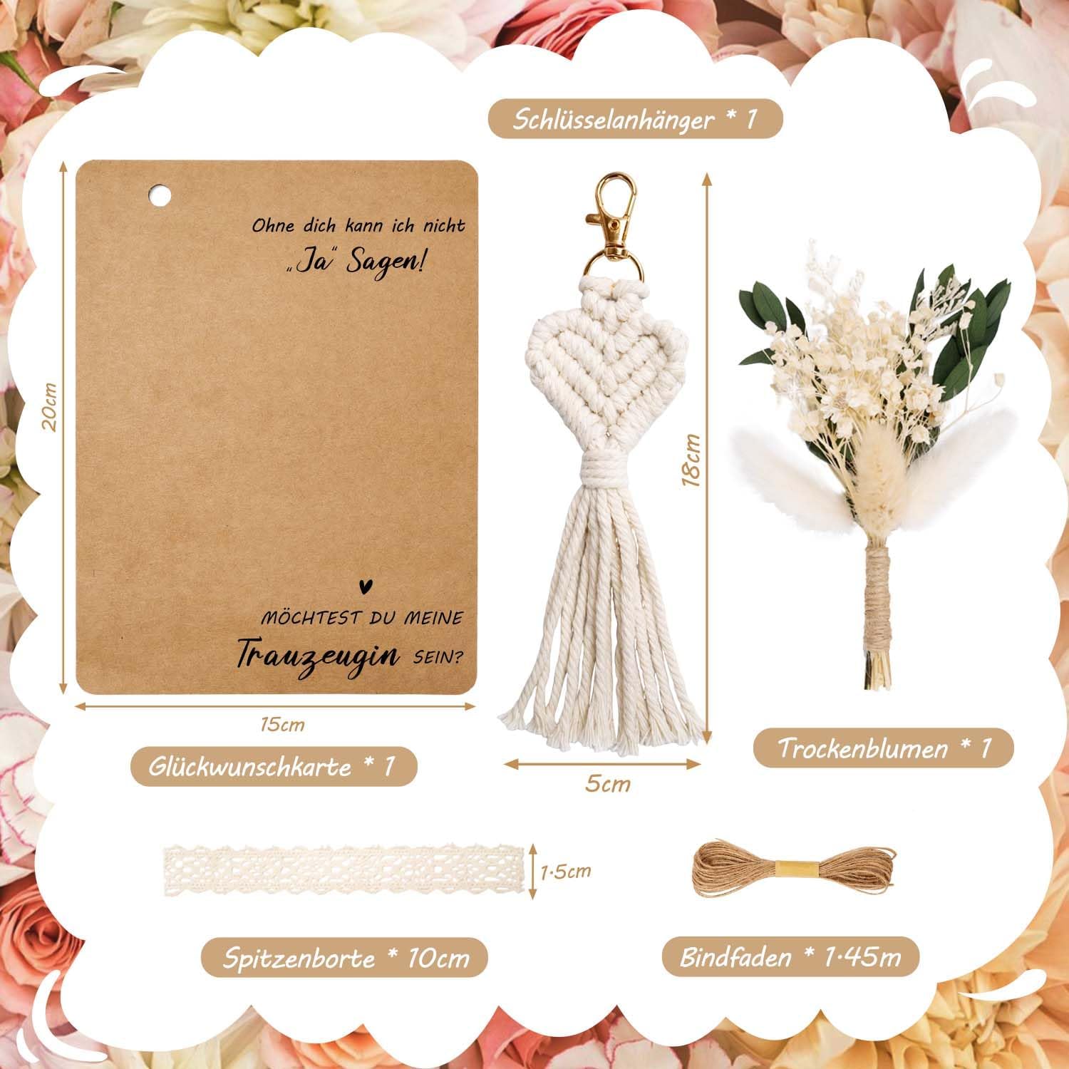 Detalle de KKSJK Trauzeugin Geschenk-Set: Karte, Trockenblumenstrauß & Makramee-Schlüsselanhänger