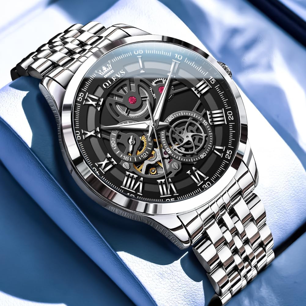 Thumbnail 1 de OLEVS Business-Luxus Herrenuhr mit Skelettdesign, Chronograph-Optik und Mondphasen-Display
